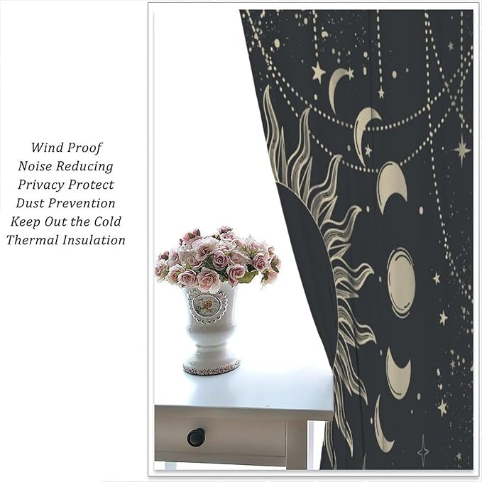 Golden Sun Moon Phases Stars Blackout Curtains, Cosmic Galaxy Bohemian Print Window Drapes, for Bedroom Living Room 72" W X 63" L