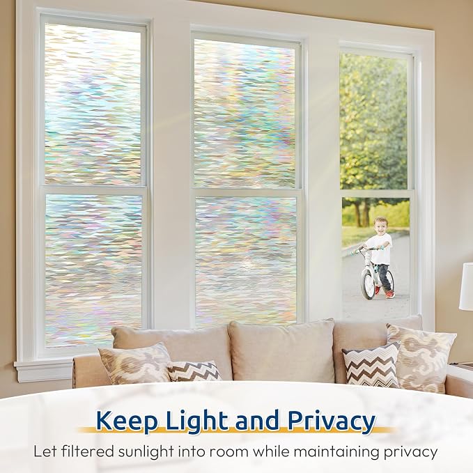 rabbitgoo Window Privacy Film, Stanied Glass Cling with Kit, 23.6" x 157.4" | 3D Rainbow Prism Effect, Static Cling, Sun Blocking Reduce Glare, Easy to Install, Decorative Glass Clings for Home Decor