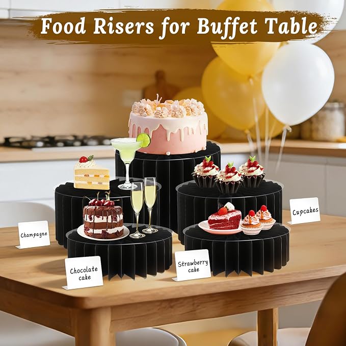 5Pack Buffet Risers Display Stands Foldable Food Risers for Buffet Table Tall Cake Cupcake Stands Cardboard Cylinder Stand Dessert Table Display Set for Catering Jewelry Wedding Party Decor (Black)