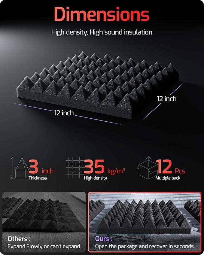 Acoustic Panels 12 pack Pyramid Self-Adhesive Upgrade,3"X12"X12" Sound Proof Foam Panels for Walls Quickly-Expand,Acoustic Wall Panels High Density Sound Absorbing for Gaming&Studio Decor,Black