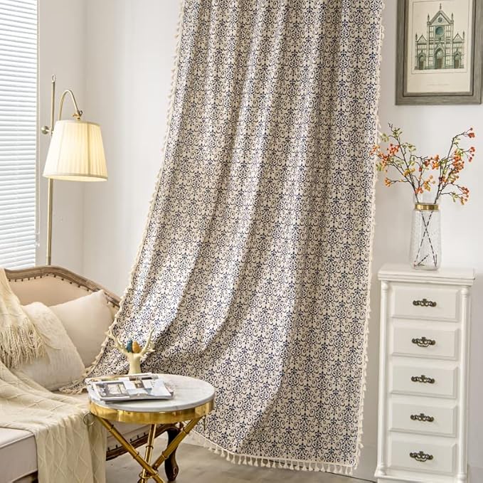 Sutuo Home Boho Curtain 84 Inches Length Semi-Blackout Bohemian Damask Moroccan Florals Print Darkening Curtains Tassels, Rod Pocket Window Treatment Drapes for Bedroom, 1 Panel 59" W x 84" L, Blue