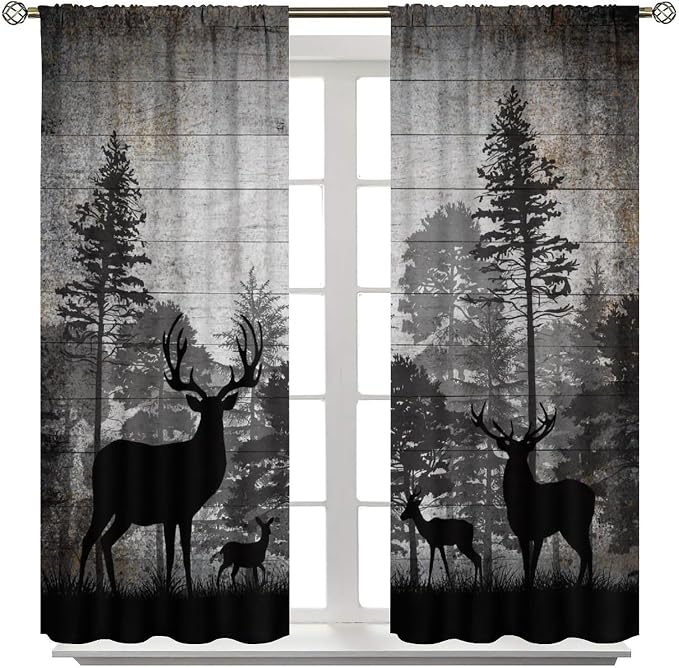 Retro Animal Blackout Curtains Vintage Grey Old Forest Deer Hunting Lodge Windows Treatments Rod Pocket for Kitchen Living Room Bedroom 52x84in