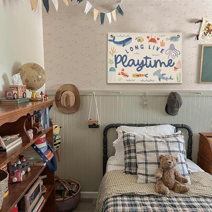 Playroom Wall Decor, Ocean Nursery Kids Toddler Boy Playroom Decor Hanging Linen Banner,Play Room Wall Decorations for Kids Boys Nursery, 20x30 Inch