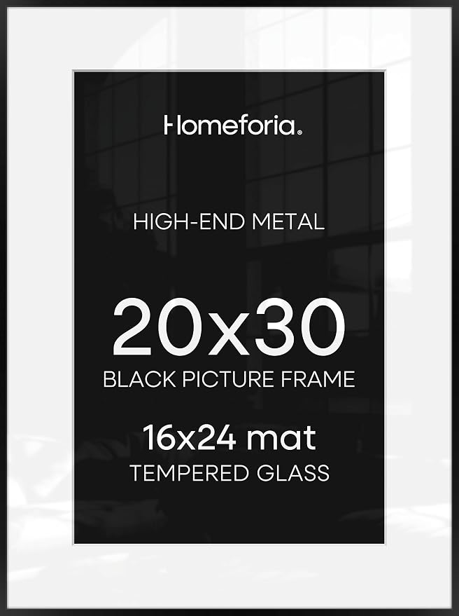 Homeforia 20x30 Poster Frame Black, High End Metal 20 x 30 Picture Frames with Mat 16 by 24 inch Photo, 30x20 Large Frame for Wall, 20x30 Thin Frame Matted to 16x24, Tempered Glass, Wall Kit, Set of 1