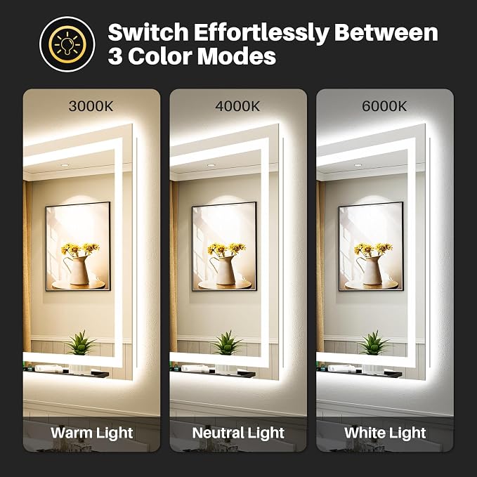 Briivue 48x32 Inch LED Bathroom Mirror with Lights, Backlit & Front Lit, Anti-Fog Lighted Bathroom Vanity Mirror for Wall, Memory Function, Dimmable, HD Tempered Glass, Shatter-Proof