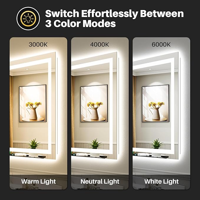 Briivue 40x36 Inch LED Bathroom Mirror with Lights, Backlit & Front Lit, Anti-Fog Lighted Bathroom Vanity Mirror for Wall, Memory Function, Dimmable, HD Tempered Glass, Shatter-Proof