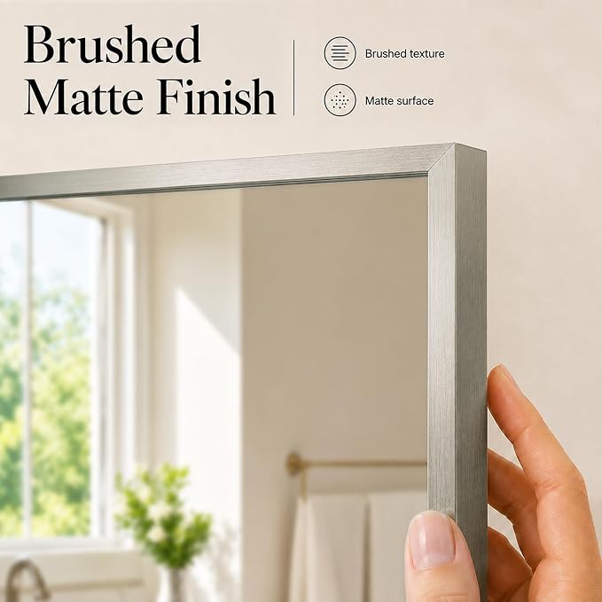 24"x36" Brushed Nickel Framed Rectangle Bathroom Vanity Wall Mirror | Over-Sink Vanity Mirror, Slim Metal Frame, Entryway or Dresser Use, Vertical/Horizontal Mount, Tempered Glass