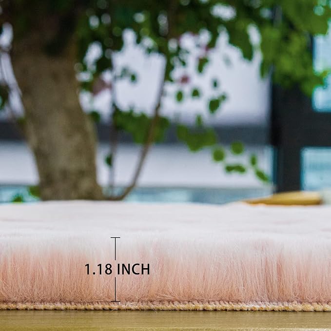 ORINOVA Small Pink Fuzzy Faux Rabbit Shaggy Fur Rug Furry Washable Runner Rug 2x6 Fluffy Rugs for Bedroom Living Room Nursery Rugs Teen Room Décor