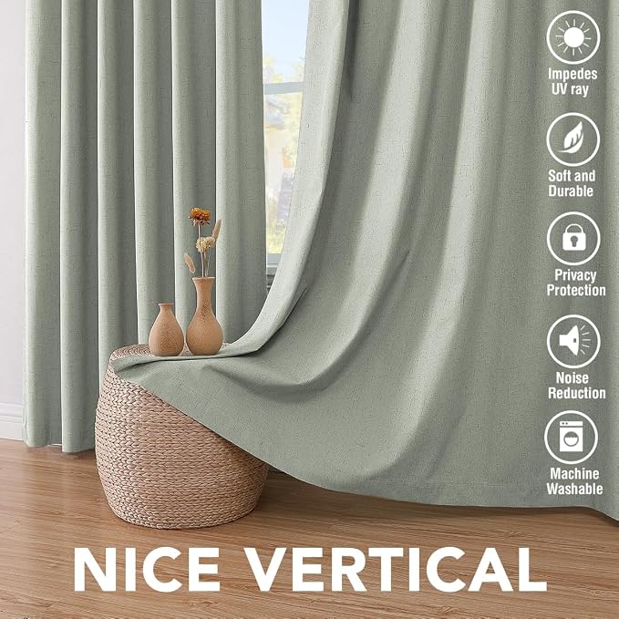 H.VERSAILTEX Linen Curtains 100% Blackout Curtains for Bedroom 102 inch Long Full Light Blocking Nature Linen Blended Window Curtains for Living Room Nickel Grommet (2 Panels, Sage)
