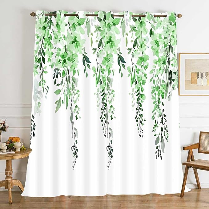 Green Watercolor Floral Curtains, Botanical Leaves Vine Flowers Curtain, Rustic Farmhouse Flower Leaf Blackout Window Treatment Drapes for Bedroom Living Room 42x96 inch, 2 Panels