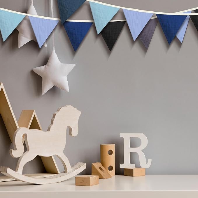 Oudain 2 Pcs Pennant Banner Flags Nursery Garland Triangle Bunting Flags Playroom Wall Decor Banner for Nursery Baby Shower Birthday Boho Wedding Party Event, Each 7.75 ft(Blue Color)