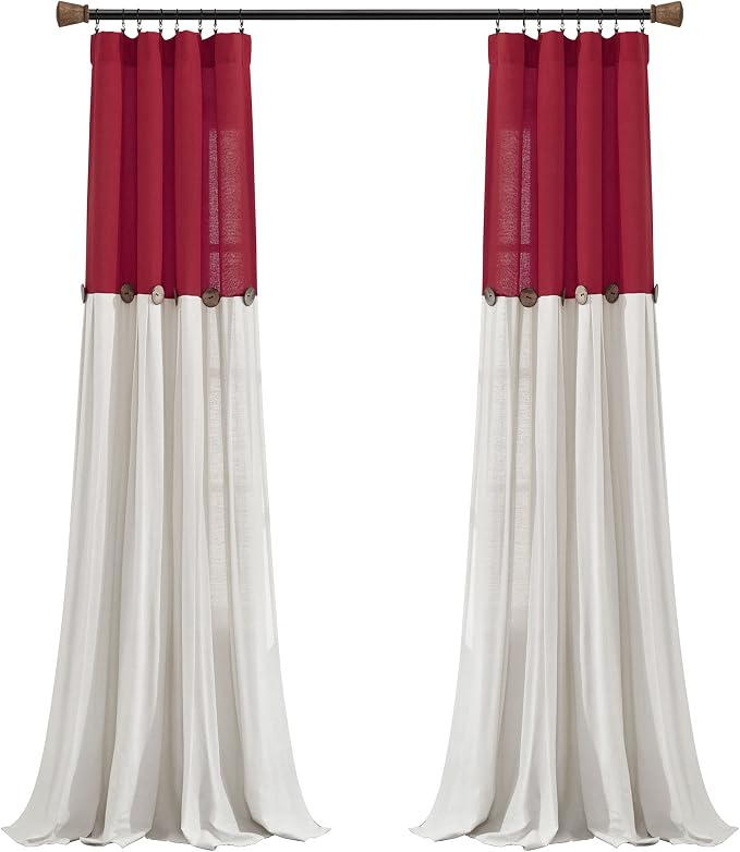 Lush Decor Linen Button Window Curtain Panel, Single, 40" W x 84" L, Red & Off White - Country Curtains - Rustic Decor - Color Block Modern Farmhouse Curtains For Living Room, Bedroom & Dining Room