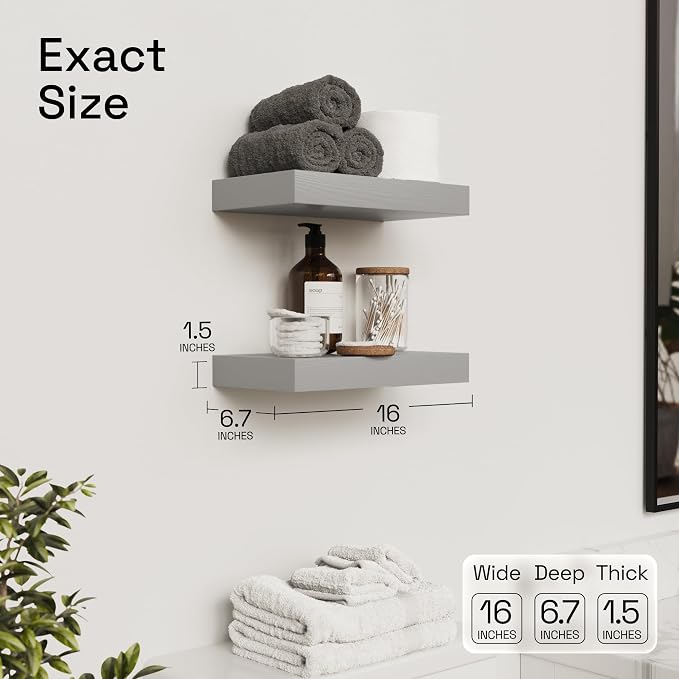 Solid Wood Floating Shelves for Wall 16 Inch Grey, Wooden Bathroom Shelf | Natural Wood, For Room Wall, Bedroom Kitchen Living Room, Rustic, Gray Finish, 16W × 6.7D, Set of 2