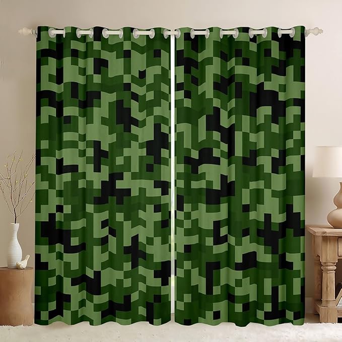 Castle Fairy Green Camo Window Curtain,Army Green Camouflage Bedroom Decor Curtains for Kids Boys Teens,Geometric Grid Patchwork Window Treatment Soft Blackout Drapes 2 Panels,38Wx45L