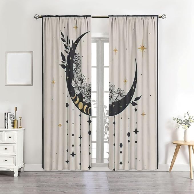Witchy Curtains, Moody Curtains for Bedroom, Goth Curtains, Moth Curtains Moon Curtains for Bedroom Living Room W63xL72 Inch