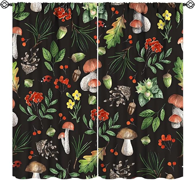 Farm Watercolor Mushroom Curtains, Rustic Forest Wild Mushroom Red Berris Plants Flowers Leaves Blackout Window Drapes for Kitchen Bedroom Livingroom, 84" W X 84" L