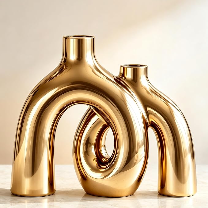 Hug Donut Decorative Vase Set - Golden Modern Classic Transitional Style Vases Home Decor, Matte Ceramic Decorations for Living Room Shelf, Bookshelf Mantle Entryway Table or Console Décor (Gold)