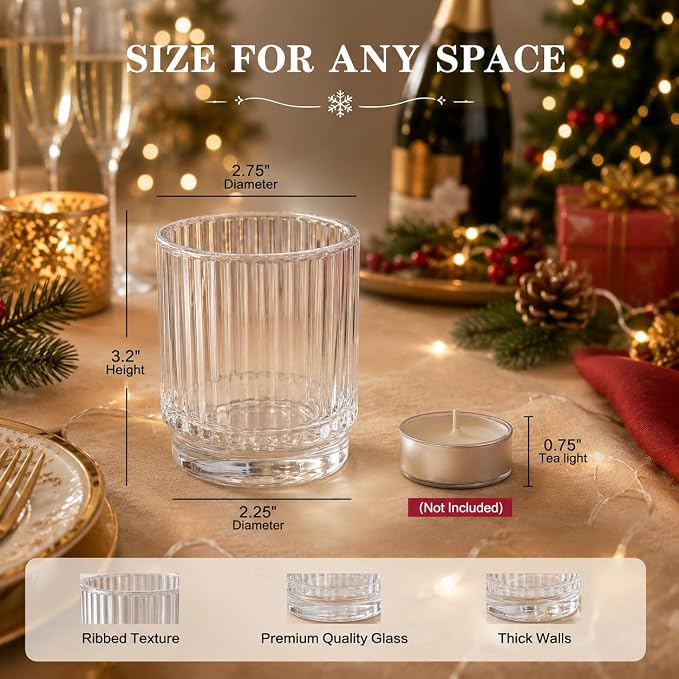 Kate Aspen Vintage Ribbed Red Glass Candle Holders Set of 6 - Votive & Tealight Candle Holder Decor for Holiday Table Decor, Christmas Dining Tablescape, Fall & Boho Home Accents (Clear)