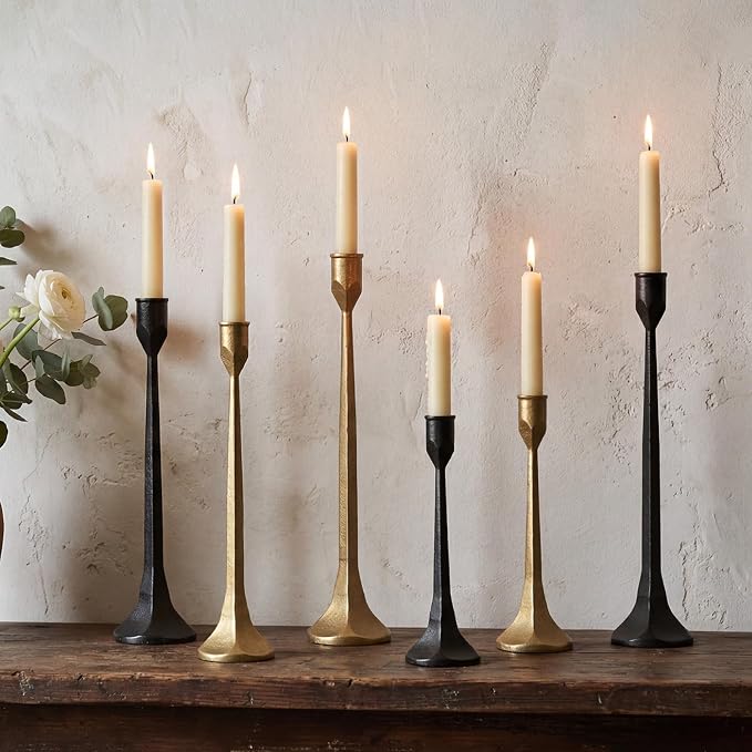 Black Iron Taper Pillar Candle Holders Set of 3, Candlestick Holders Rustic Vintage Decorations, Tall Candle Stand for Home Decor Mantle Dining Coffee Table Outdoor Wedding-11.8"+13.8"+15.4"