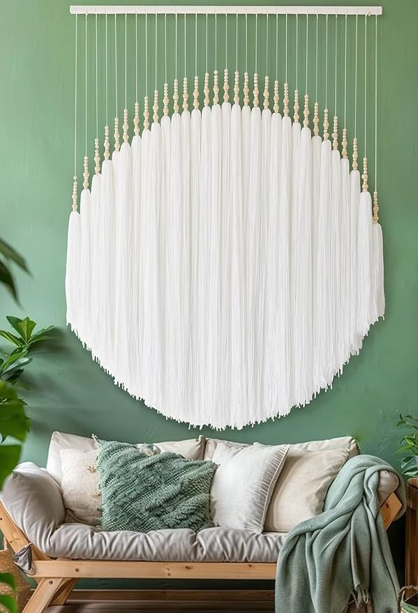 IOWER Boho Wall Decor Yarn Wall Hanging Macrame Wall Hanging Fiber Wall Art White Beads Tassel Wall Decor Boho Chic Home Decor 39" W x 55" L