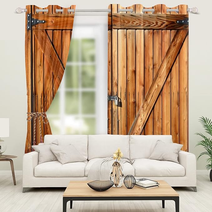 Russet Wooden Door Window Curtains Old Garage Door Curtains Rustic Barn Door Curtains Vintage Wood Planks American Rural Style Native Country Farmhouse Drape Treatments,53x96 inch,2 Panels