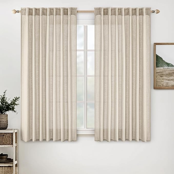 MIULEE Beige Linen Curtains 63 Inch Length 2 Panels for Bedroom Living Room, Soft Linen Textured Window Drapes Semi Sheer Light Filtering Back Tab Rod Pocket Farmhouse Modern Burlap Look Decor