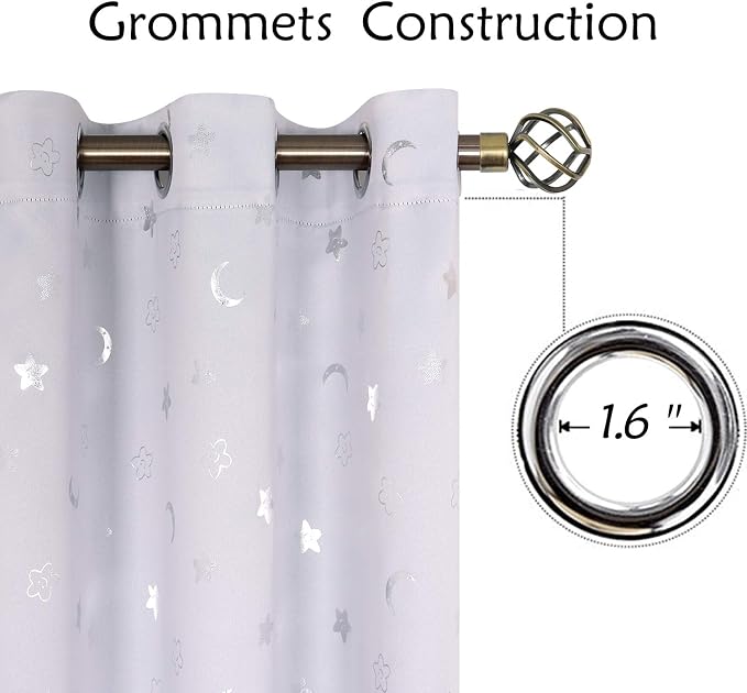 BGment Kids Blackout Curtains for Bedroom 63 Inch Long 2 Panels, Star and Moon Girls Decor Room Darkening Drapes for Nursery Baby Room, Greyish White, 52X63
