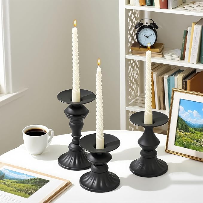 Matte Black Pillar Candle Holders Set of 3, Metal Vintage Antique Candle Stand for Pillar & LED Flameless Candles, Decorative for Table Centerpiece, Fireplace, Dining & Living Room Decoration