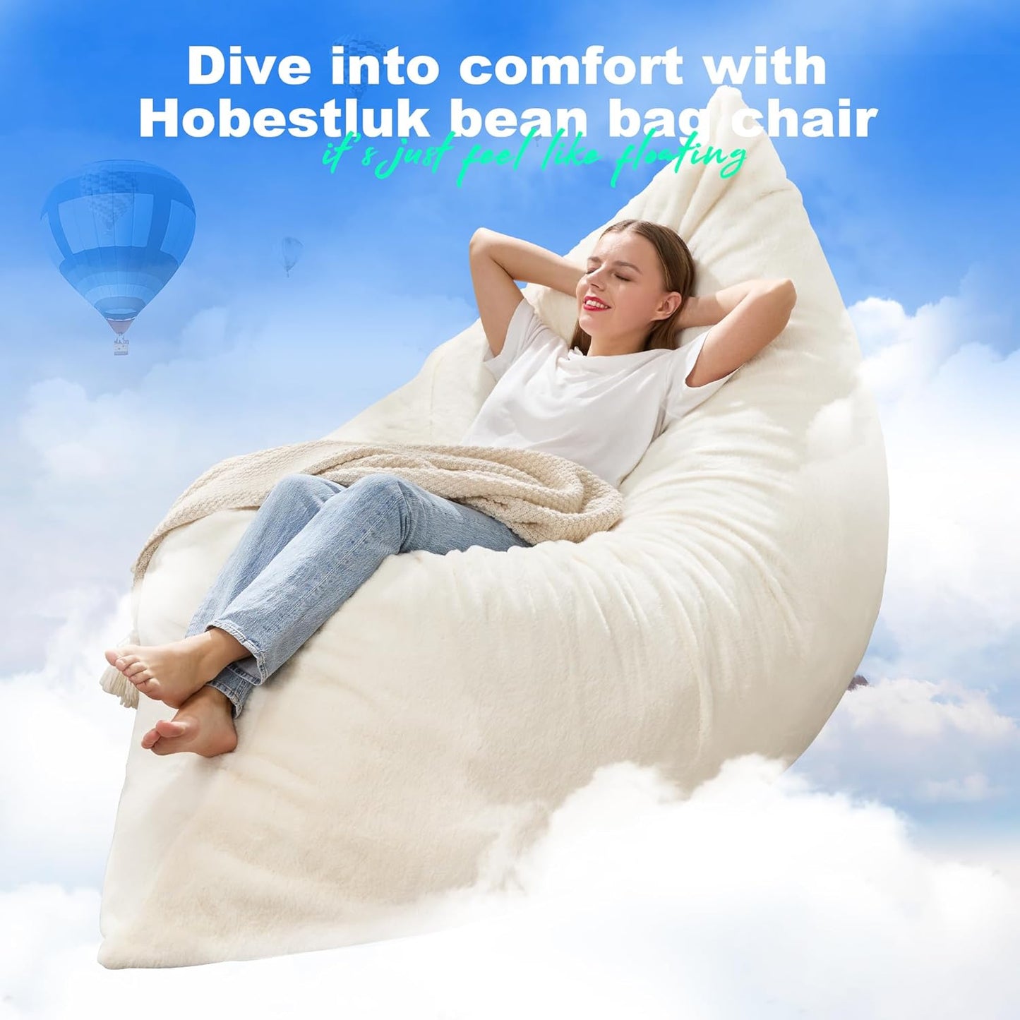 Hobestluk 3 in 1 Bean Bag Chair Giant Bean Bag Chairs for Adults with Plush Faux Fur Cover Convertible Bean Bag Floor Cushion with Machine Washable Cover for Living Room (Plush White)