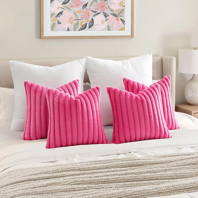 MIULEE Faux Fur Plush Decorative Throw Pillow Covers 20x20 Set of 4, Modern Soft Fuzzy Striped Cushion Covers for Sofa Couch Bed Living Room Cozy Home Decor,Hot Pink