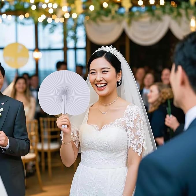 60 Pcs White Round Paper Fans | Foldable Handheld Fans for Women,Folding Hand Fans for Wedding,Bridal Guest,Church,Party Favors,Dancing,Birthday,DIY