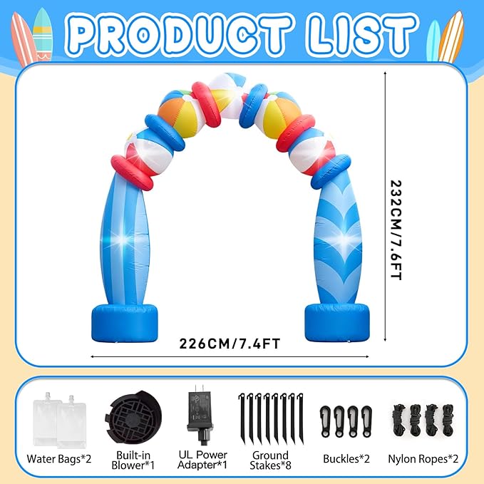 7.6FT Beach Ball Surfboard Blow Up Archway, Summer Outdoor Inflatable Decorations with LED Lights, Tropical Inflatable Decoration for Summer Party Backyard Pool Luau Beach Birthday Outdoor Event
