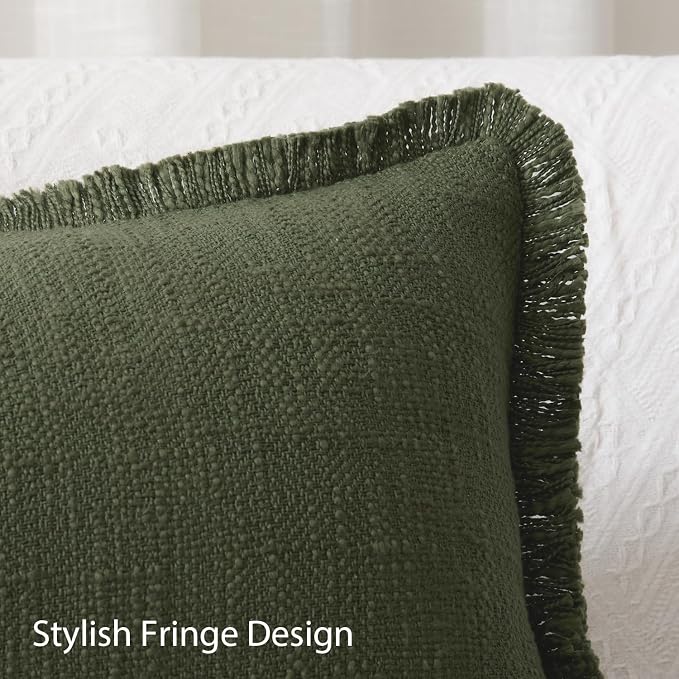 Kevin Textile 14x24 Inch Lumbar Pillow Cover 1 Pack Boho Fringe Decorative Rectangle Cushion Case with Tassels Neutral Cotton Woven Textured Farmhouse for Living Room Couch Sofa Bed, Olive Green