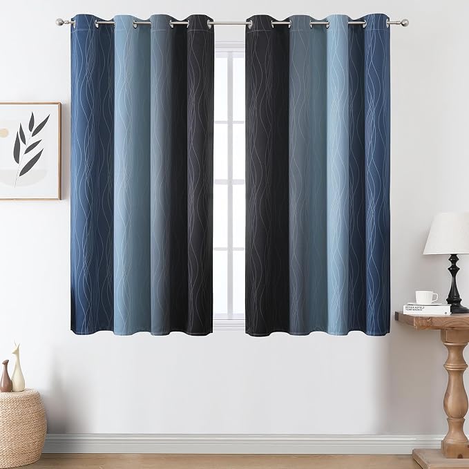 Estelar Textiler Black and Navy Blue Ombre Blackout Curtains 45 Inch Length, Full Room Darkening Gradient Drapes for Bedroom, Thermal Insulated Grommet Short Curtains for Bathroom, 52Wx45L, 2 Panels