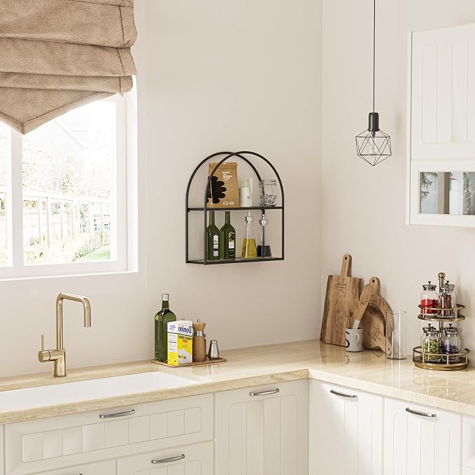 Crofy 2-Tier Arched Wall Shelf with Black Frame & Transparent Shelves | Sturdy Tempered Clear Glass Shelves with Ample Storage Space; Decor for Living Room, Bath, Kitchen, Vanity & Home Office