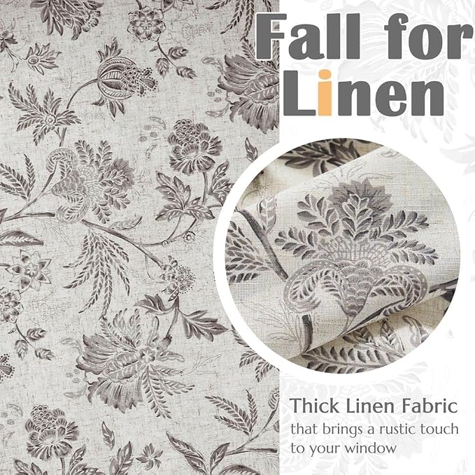 jinchan Floral Valance Curtain Linen Kitchen Valance for Windows 16 Inch Farmhouse Light Filtering Gray Floral Short Window Treatment for Living Room 1 Panel Rod Pocket Double Layer Grey on Beige