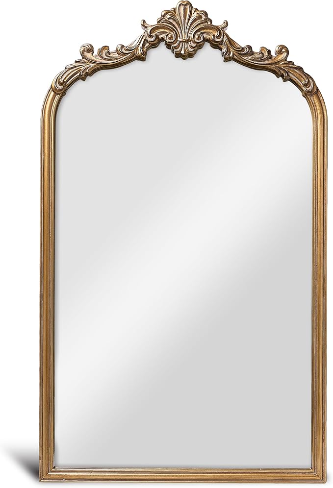 Wylde Iris English Estate Carved Arch Wood Wall Mirror, Mirror for Entryway, Living Room, Bathroom, Antique Gold, 20.4x33