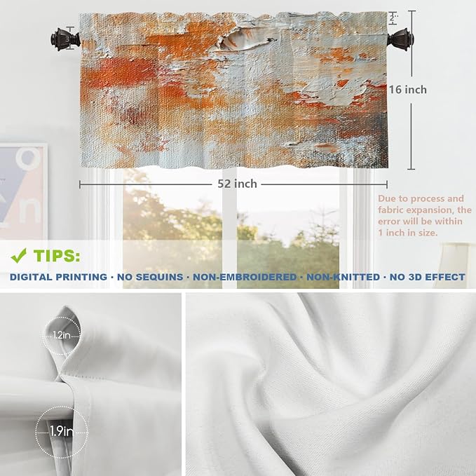 Shrahala Brushstrokes of Paint Blackout Short Curtains for Windows, Orange Grey Canvas Texture Kitchen Valance Thermal Insulated Rod Pocket Window Treatment for Bathroom 2 Pack 52 X 16 in