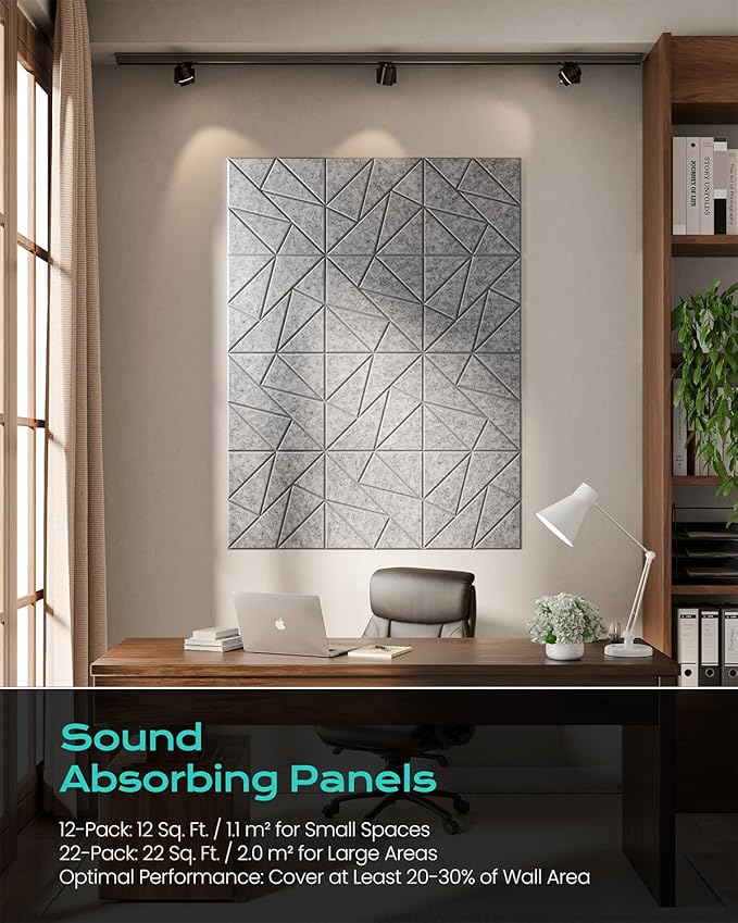 22-Pack Acoustic Panels,12"x12"x0.4" Soundproof Wall Panels, Peel & Stick Sound Proof Foam Panels for Walls, Geometric Noise Reduction Panels for Home Office,Studio (Sliver Gray)