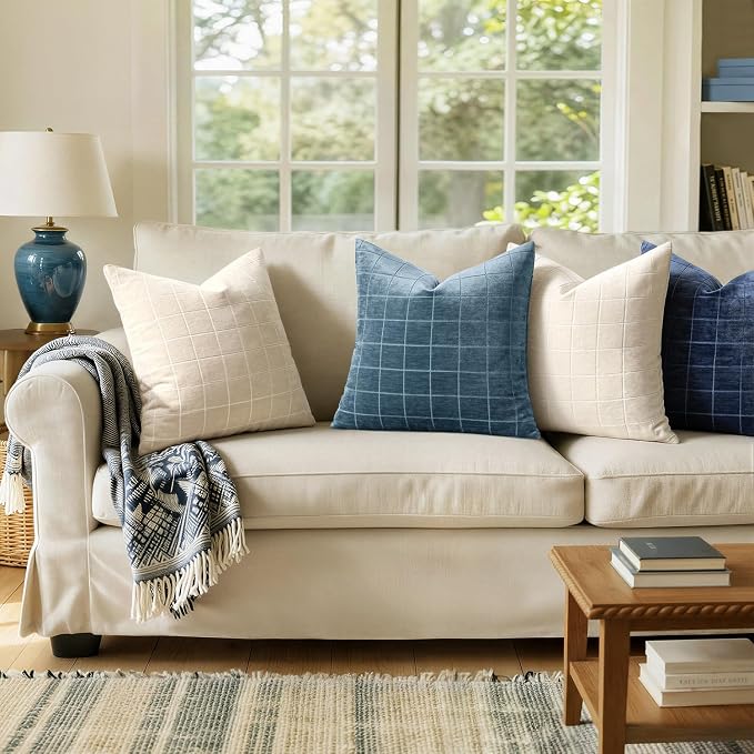 MIULEE Blue Plaid Decorative Throw Pillow Covers 20x20 Set of 2 | Vintage Check Chenille Couch Pillows Neutral Boho Farmhouse Cushion Covers Modern Home Decor for Sofa Bed Living Room