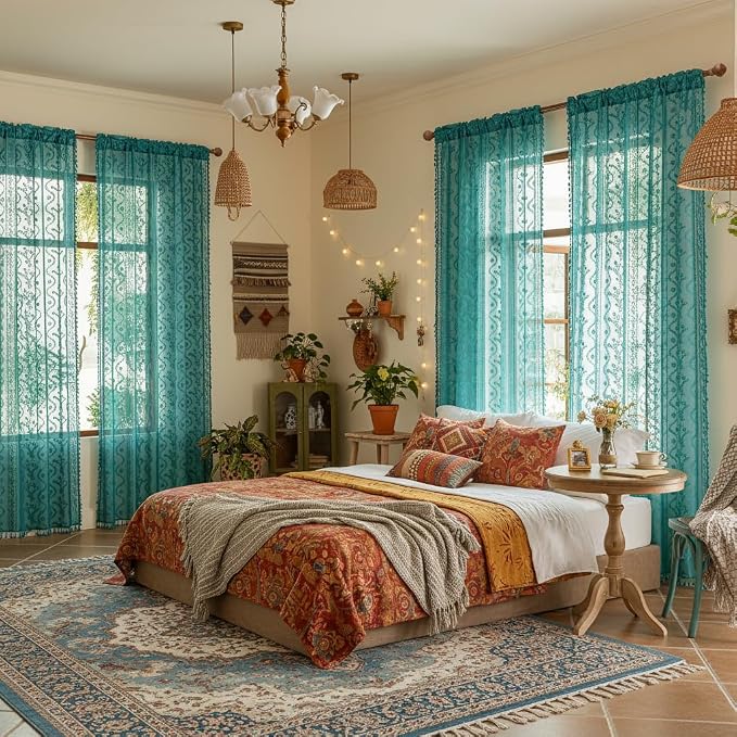 WAZZIO Boho Lace Curtains 2 Panels 84 Inch -Victorian Sheer Panel Drape French Country Floral Pattern & Tassel Light Filtering Privacy for Bedroom Dining Living Room,Coastal Decor,Teal,W52x L84
