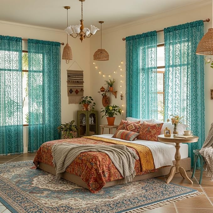 WAZZIO Boho Lace Curtains 2 Panels 96 Inch -Victorian Sheer Panel Drape French Country Floral Pattern & Tassel Light Filtering Privacy for Bedroom Dining Living Room,Coastal Decor,Teal,W52x L96