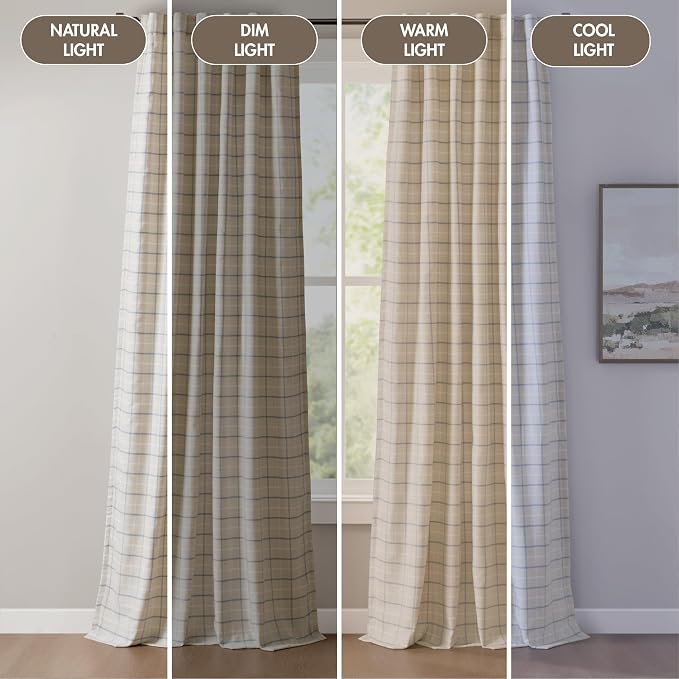 Madison Park Anaheim Cabin Plaid Curtain Window, Thermal Insulated Fleece Lining, Living Room Decor Room Darkening Drape for Bedroom, 1-Single Panel Pack, 50x95, Rod Pocket & Back Tab, Linen Blue