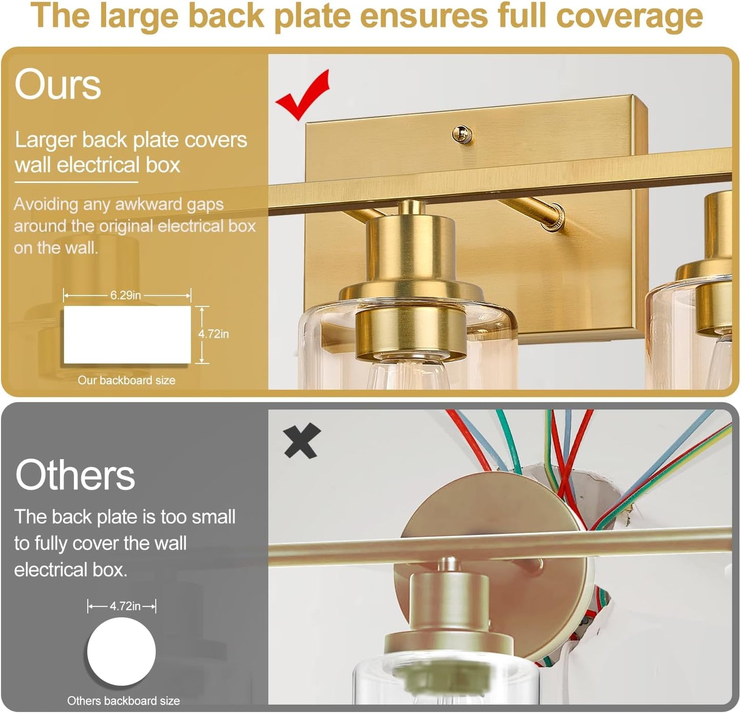 3-Light Vanity Lights with Clear Glass Shades, Brushed Gold Bathroom Light Fixtures Over Mirror, Modern Bathroom Wall Lamp for Mirror Living Room Cabinet Bedroom Porch