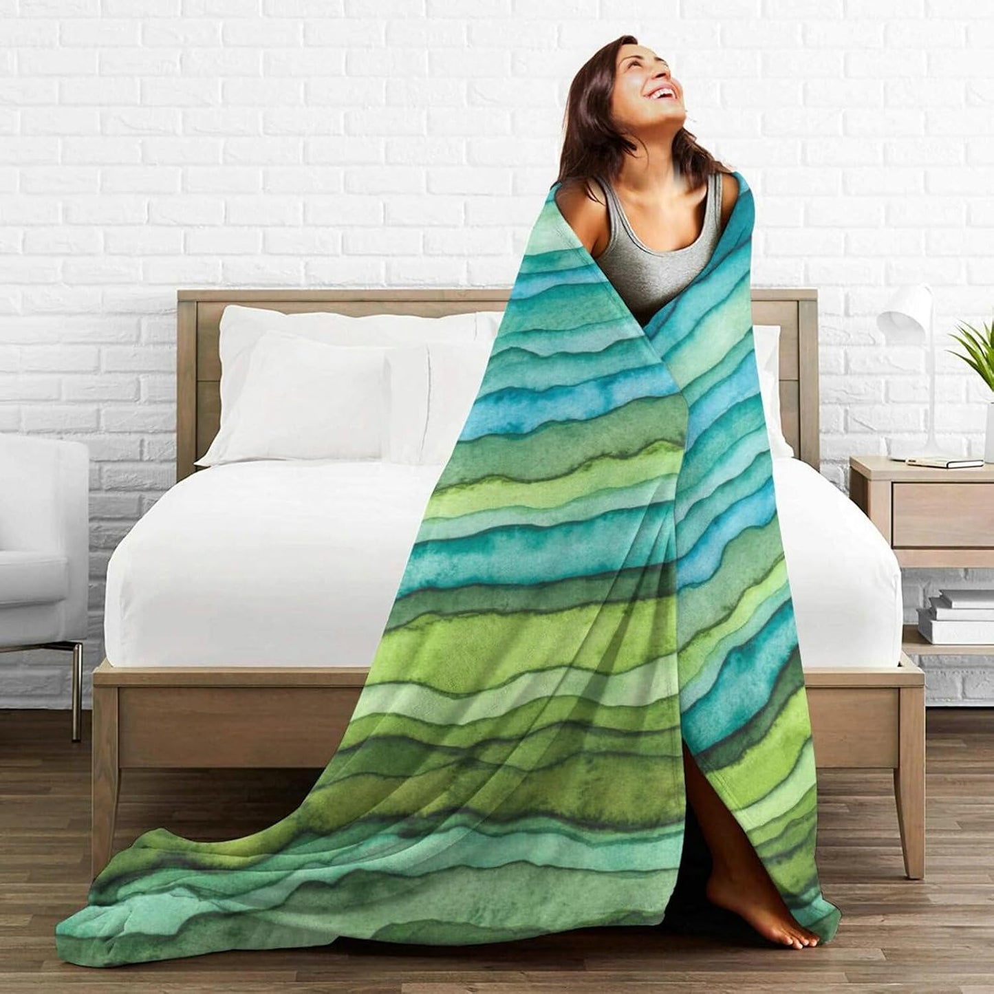 HGOD DESIGNS Watercolor Stripped Waves Blanket for Women, Lightweight Soft Fleece Flannel Throw Blanket Blue and Green Sofa Couch Living Room 50x60 Inch