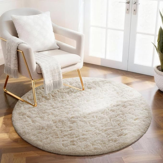 Ophanie Round Rug Ivory Circle Area Rugs Washable, Fluffy Fuzzy Nursery Bedroom Small Carpet, Plush Soft Shaggy Indoor Floor Cream Living Room 2Ft for Kids Home Decor Aesthetic, Nursery