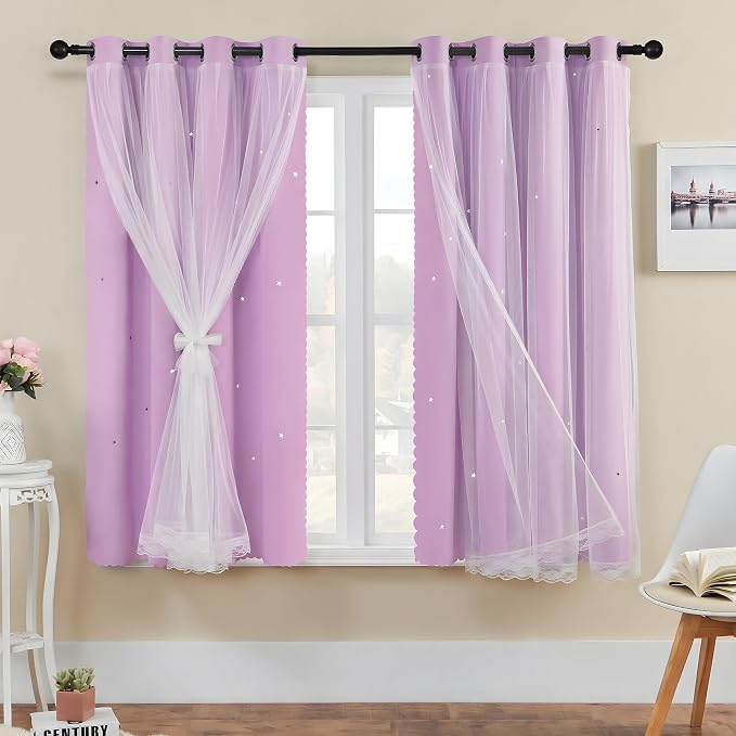 XiDi Purple Blackout Curtains for Girls Bedroom Living Room Thermal Insulated Room Darking Double Layer Star Cut Out Curtains Kids Princess Mermaid Wall Home Decor Grommet Window Treatments W52 x L63
