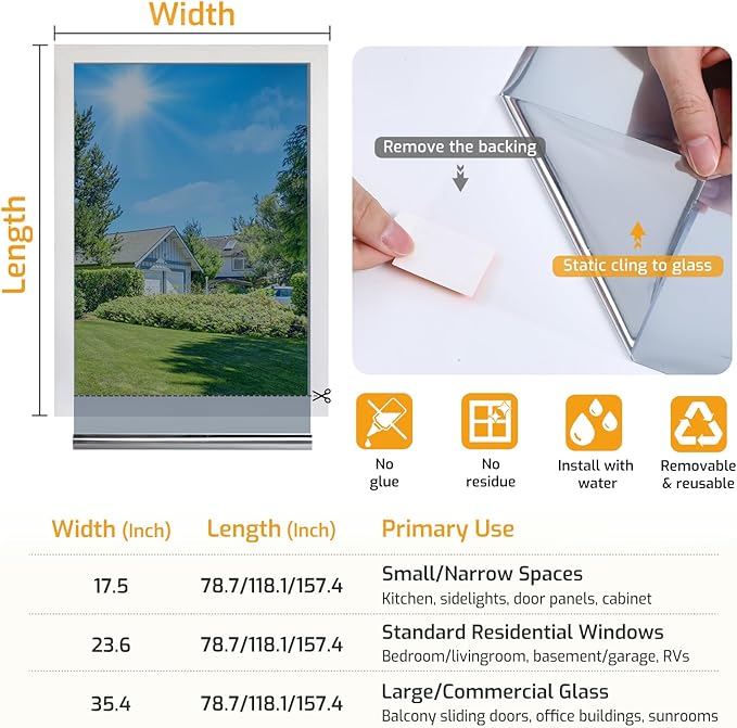 LUTE One Way Window Privacy Film, Window Tint for Home, Sun Blocking UV Heat Blocker, See Out Not in Reflective Mirror Film, Removable Static Cling Glass Door Coverings, Silver, 35.4" x 78.7"