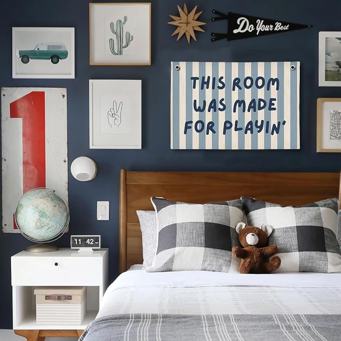 Playroom Decor, Toddler Boy Room Decorations Banner, Blue Striped Wall Flag for Kids Nursery Room Playroom Decor, 20x30 Inch