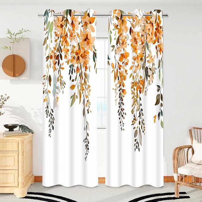 Orange Watercolor Floral Curtains, Botanical Leaves Vine Flowers Curtain, Rustic Farmhouse Flower Leaf Blackout Window Treatment Drapes for Bedroom Living Room 42x72 inch, 2 Panels